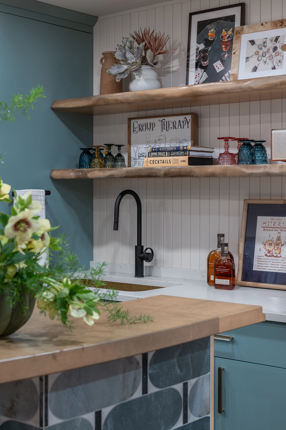Open shelving storage for home basement bar