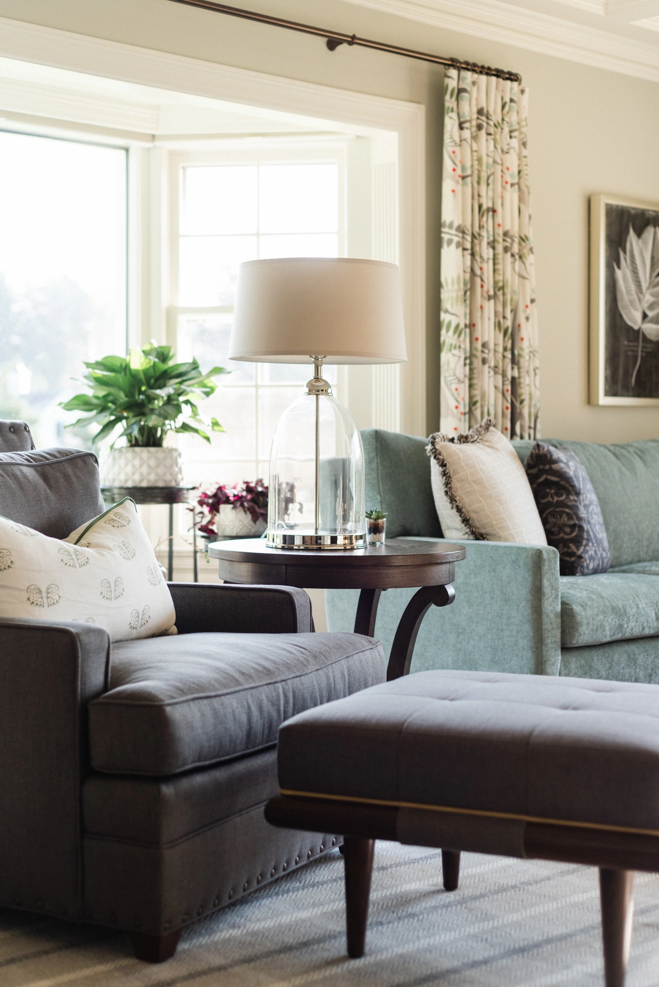 seating area in living room highlighting coffered ceiling detail
