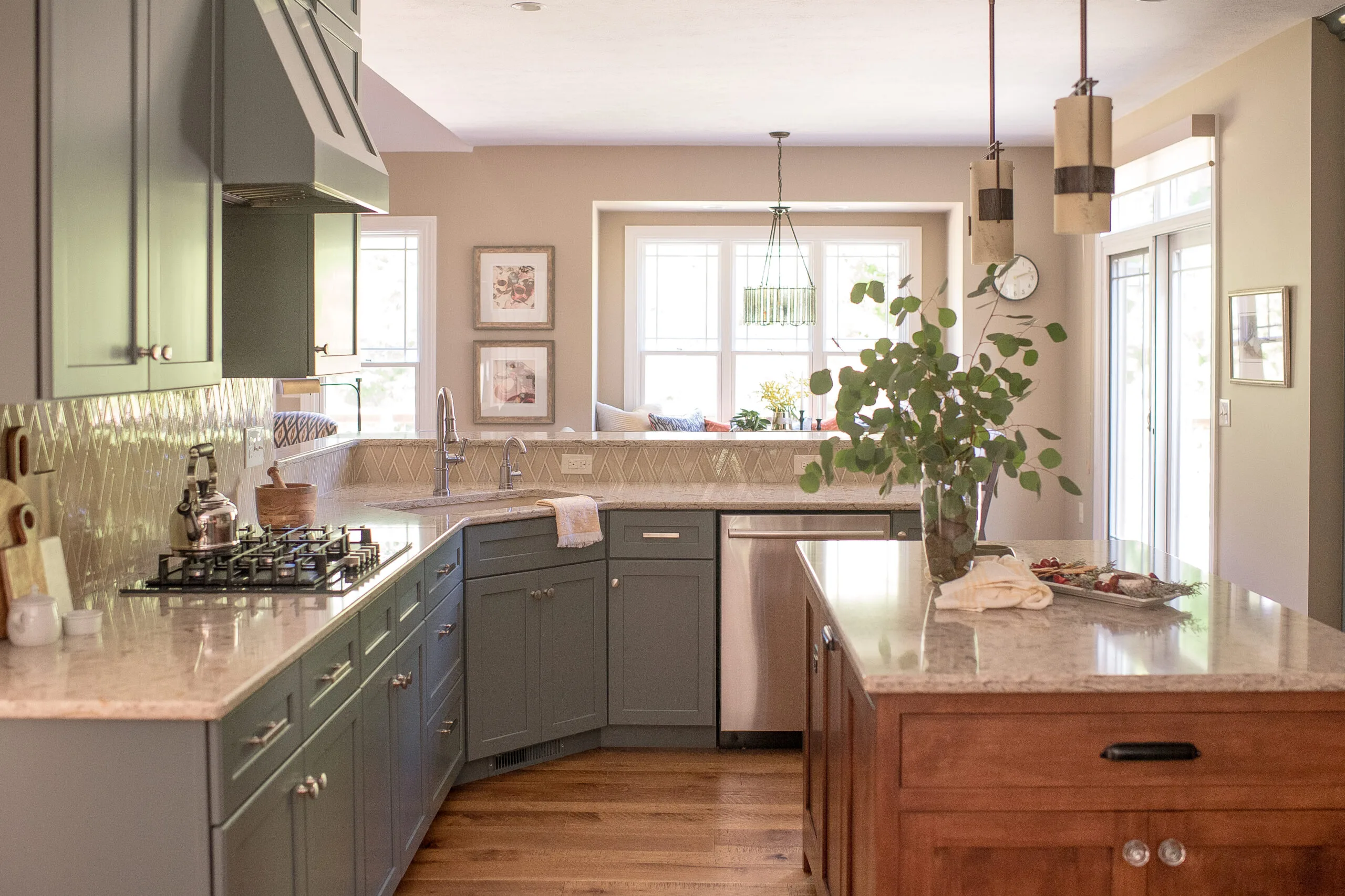 a cozy kitchen with and island