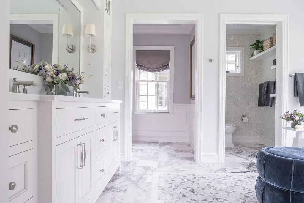 Bath room vanity and purple floor tile