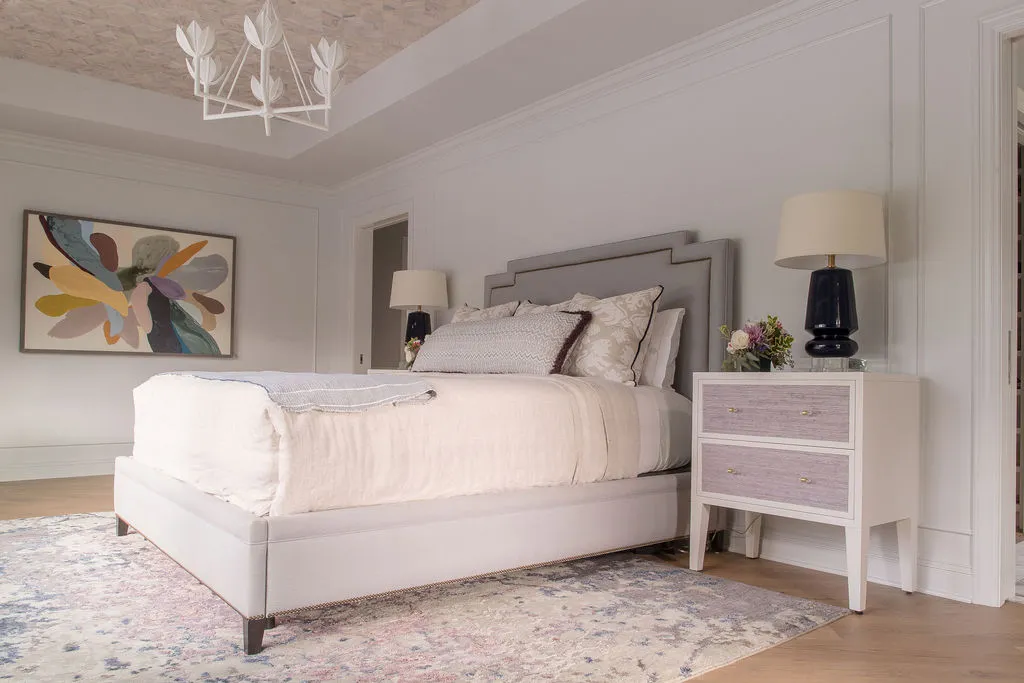Bedroom upholstered bed and nightstand
