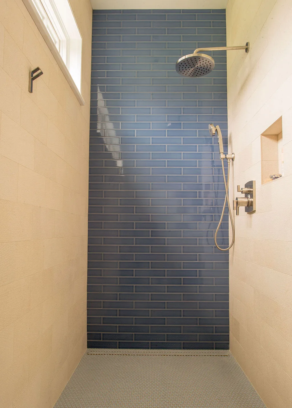 Pool house blue tiled shower