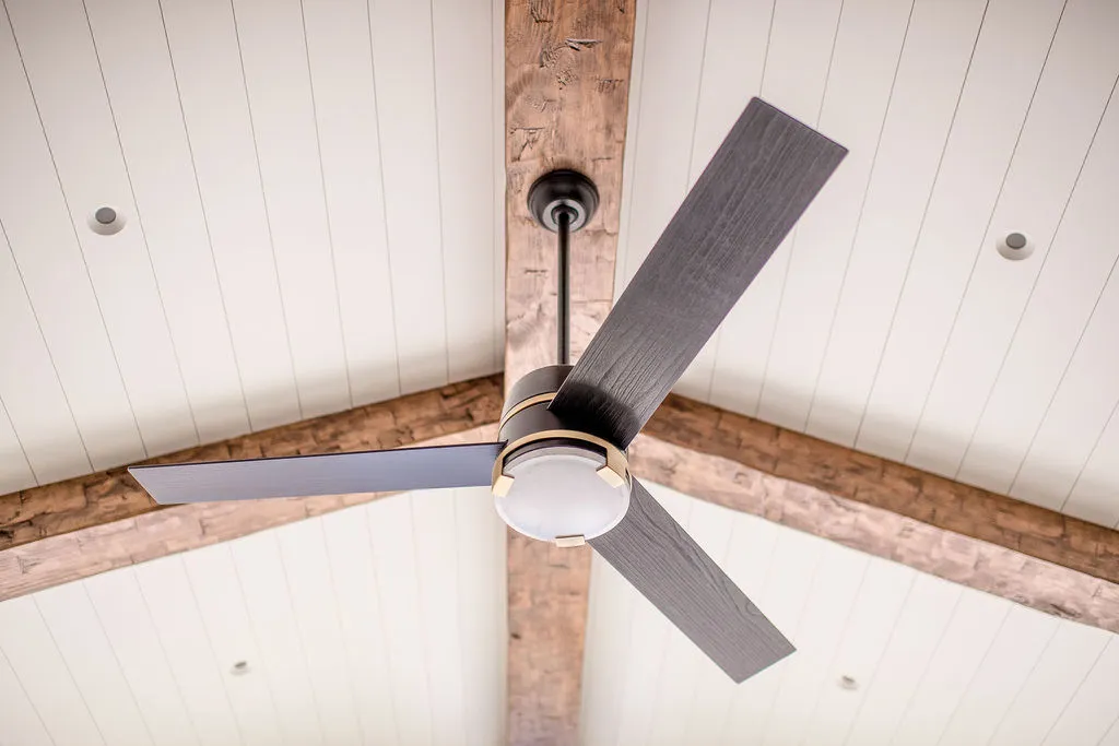 Fan and beams in pool house