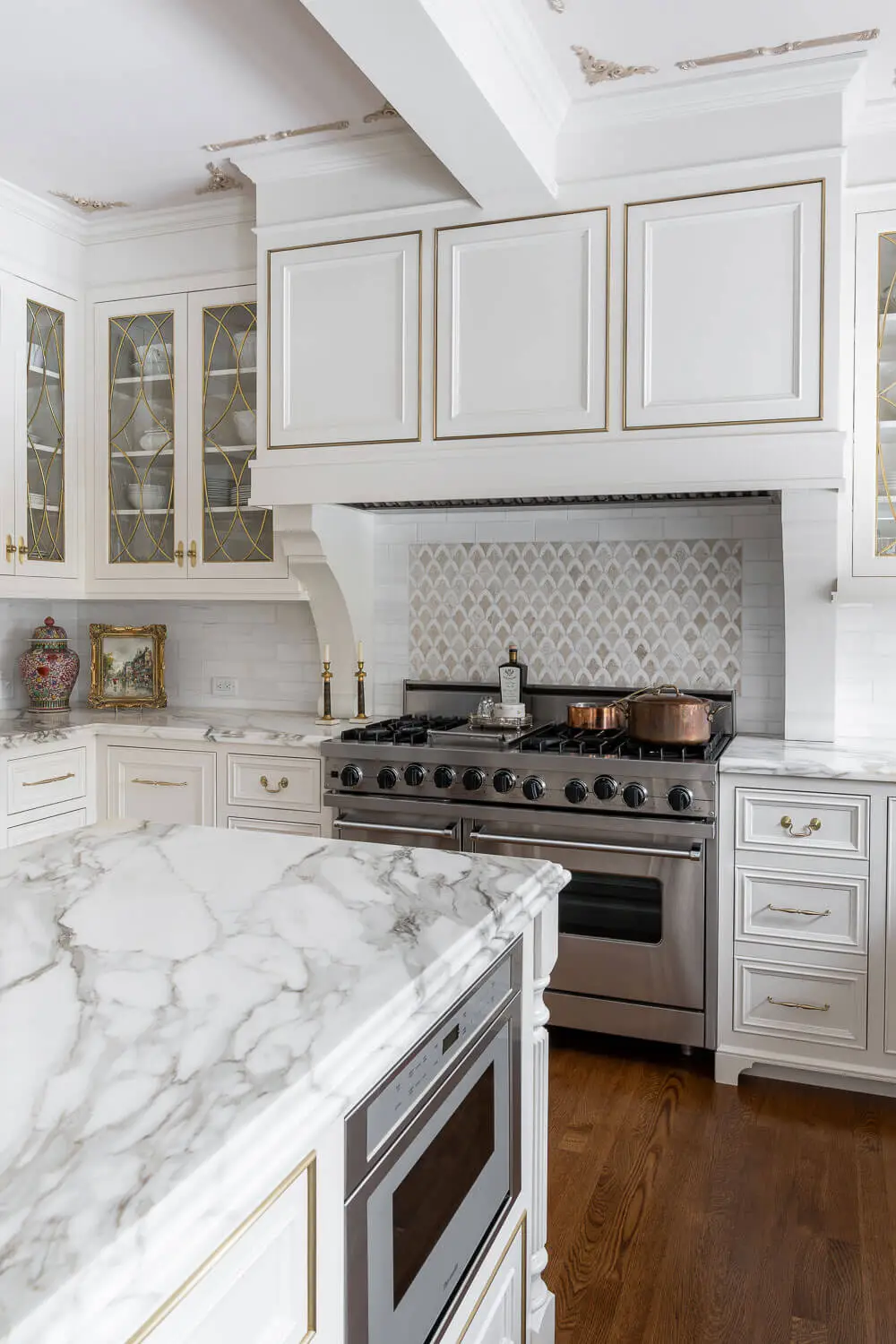 luxury stovetop in traditional kitchen interior with a bright, timeless aesthetic.