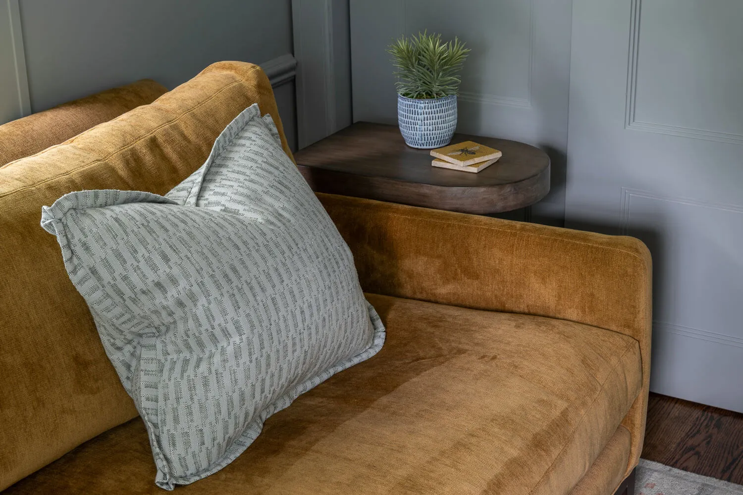 velvet sofa and decorative pillow