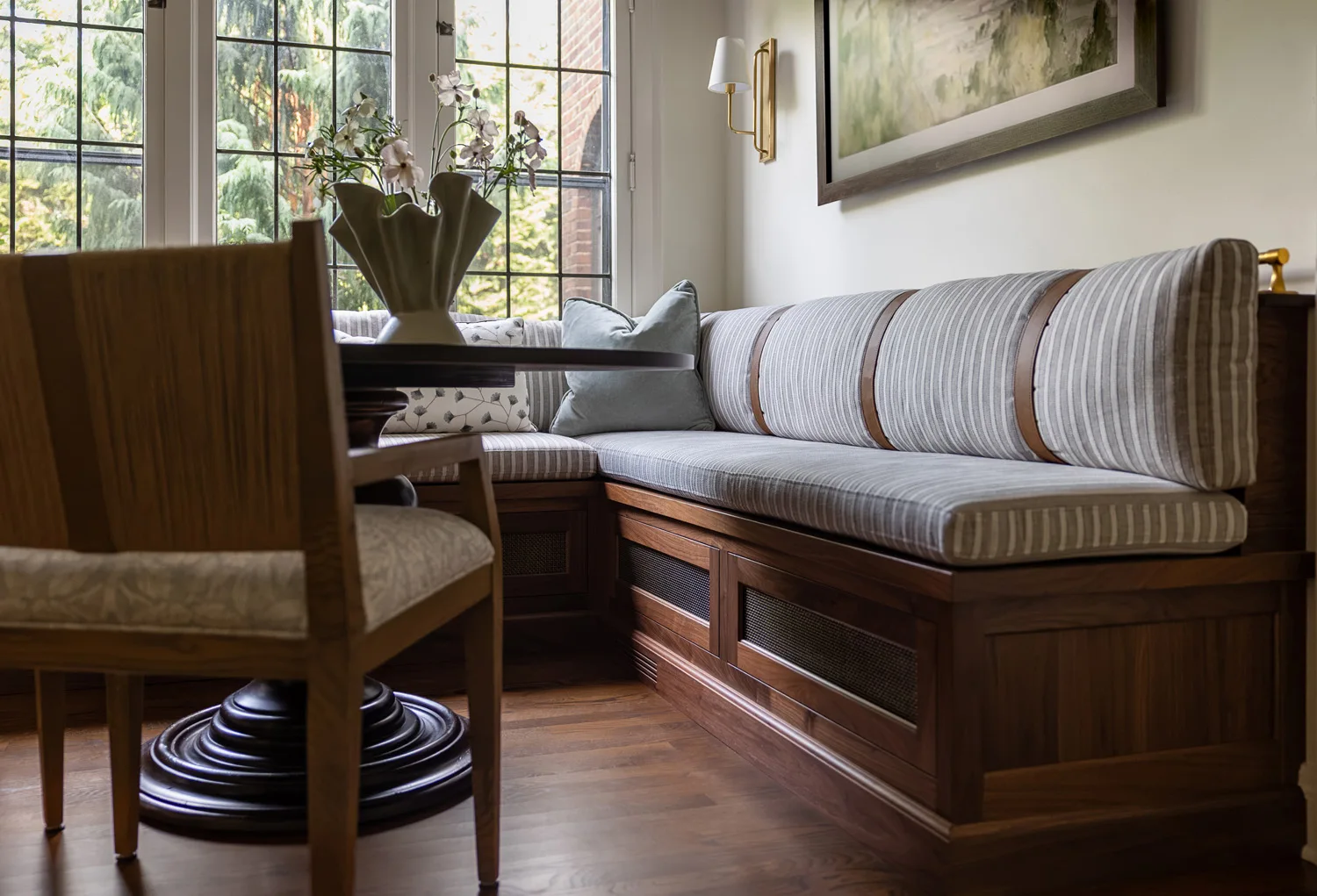 upholstered bench seating in kitchen dining nook